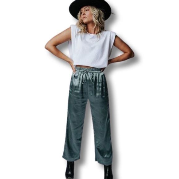 Bobbie Wren Pants - Bobbie Wren Take Me Away Satin Pants Sage Size‎ S
